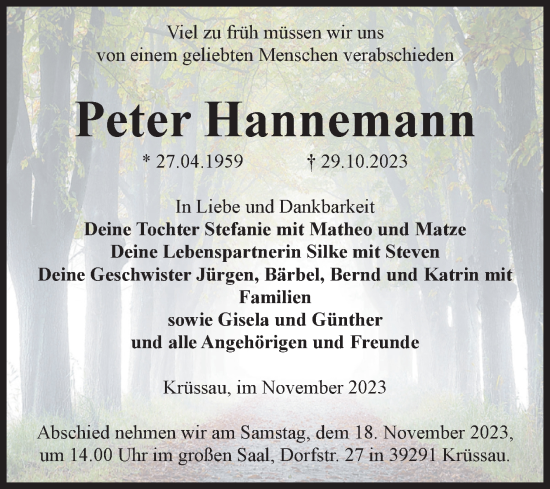 Traueranzeige von Peter Hannemann von Volksstimme Burg/Genthin