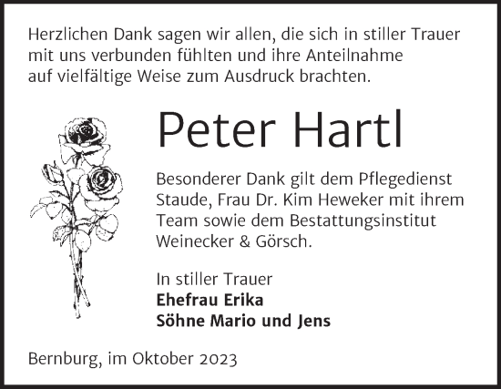 Traueranzeige von Peter Hartl von Trauerkombi Bernburg