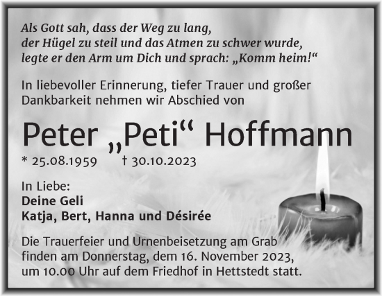 Traueranzeige von Peter Hoffmann von Trauerkombi Mansfelder Land