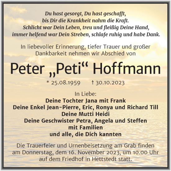 Traueranzeige von Peter Hoffmann von Trauerkombi Mansfelder Land