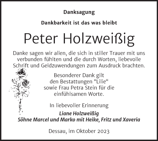 Traueranzeige von Peter Holzweißig von Trauerkombi Dessau