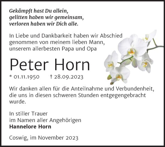 Traueranzeige von Peter Horn von Trauerkombi Wittenberg