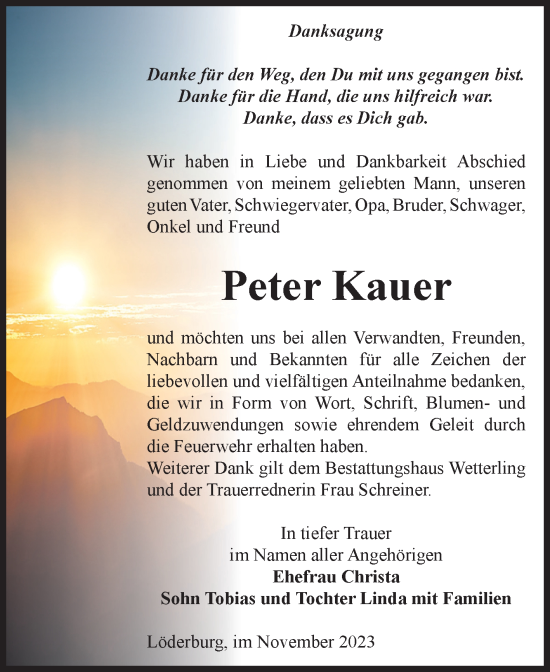Traueranzeige von Peter Kauer von Volksstimme Staßfurt