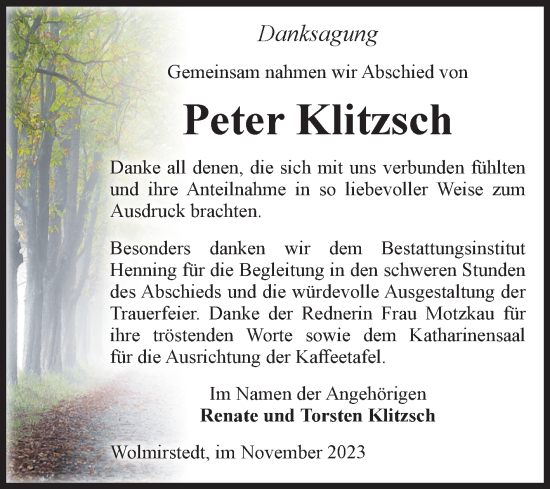 Traueranzeige von Peter Klitzsch von Volksstimme Haldensleben/Wolmirstedt