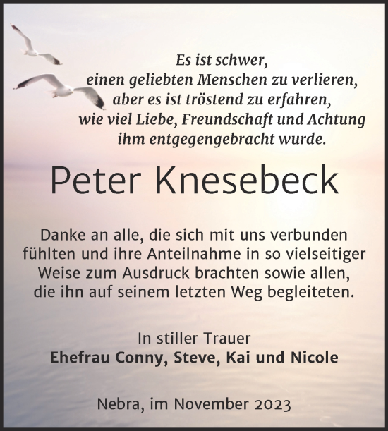 Traueranzeige von Peter Knesebeck von Wochenspiegel Naumburg/Nebra
