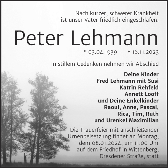 Traueranzeige von Peter Lehmann von Trauerkombi Wittenberg