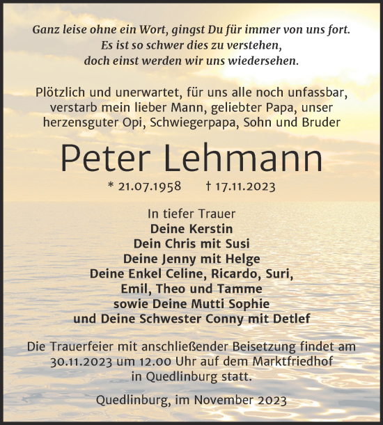 Traueranzeige von Peter Lehmann von Trauerkombi Quedlinburg