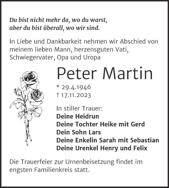 Traueranzeige von Peter Martin von Trauerkombi Weißenfels