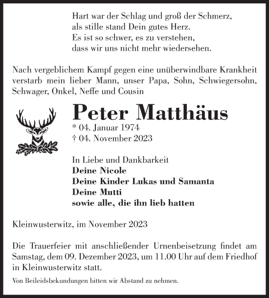 Traueranzeige von Peter Matthäus von Volksstimme Burg/Genthin