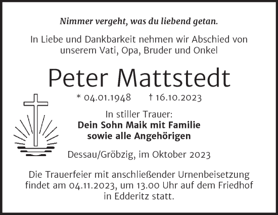 Traueranzeige von Peter Mattstedt von Mitteldeutsche Zeitung Dessau-Roßlau
