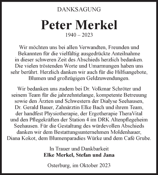 Traueranzeige von Peter Merkel von Volksstimme Altmark Ost