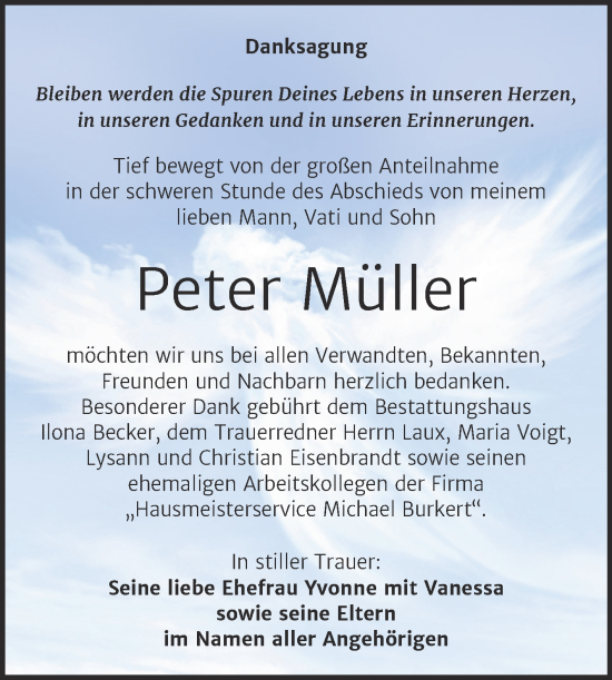Traueranzeige von Peter Müller von Trauerkombi Sangerhausen