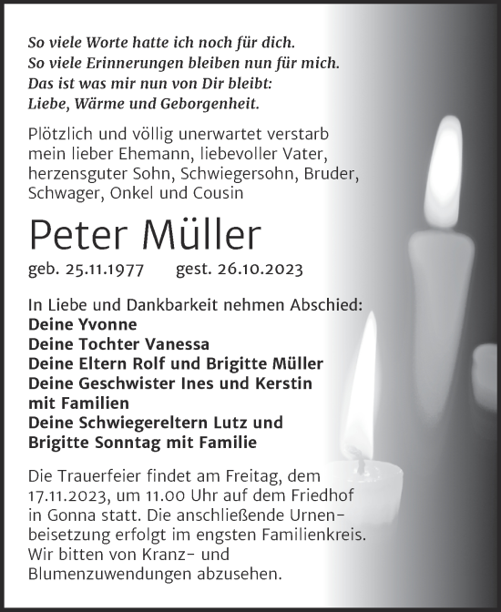 Traueranzeige von Peter Müller von Trauerkombi Sangerhausen