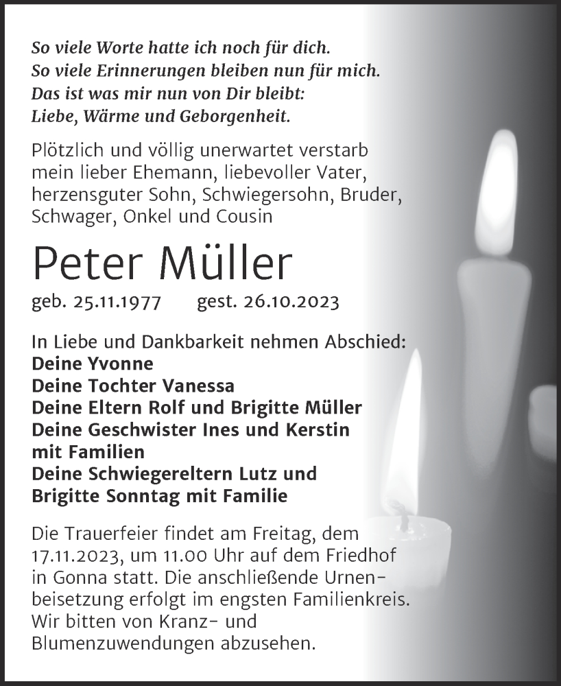  Traueranzeige für Peter Müller vom 10.11.2023 aus Trauerkombi Sangerhausen