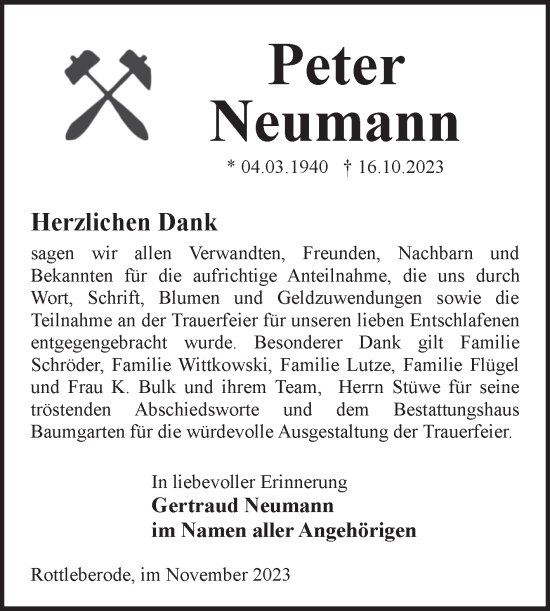 Traueranzeige von Peter Neumann von Trauerkombi Sangerhausen