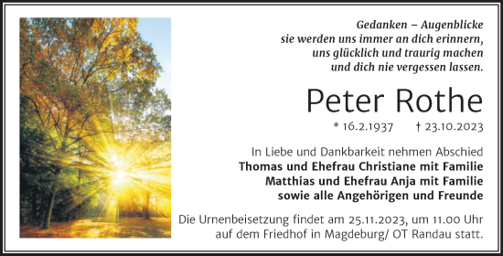 Traueranzeige von Peter Rothe von Trauerkombi Köthen