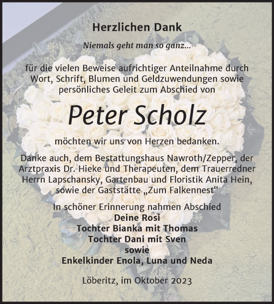 Traueranzeige von Peter Scholz von Trauerkombi Bitterfeld