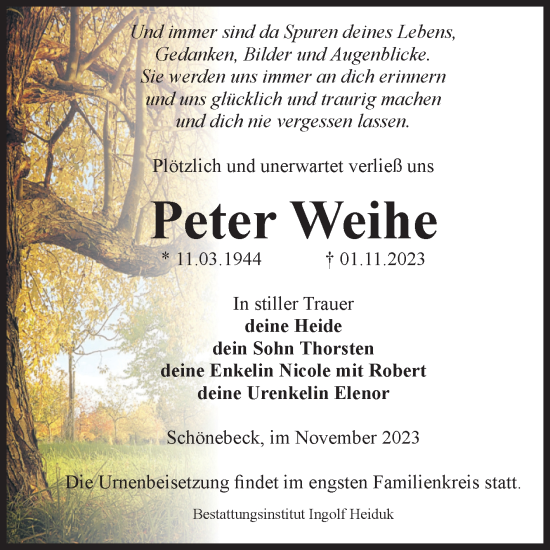 Traueranzeige von Peter Weihe von Volksstimme Schönebeck