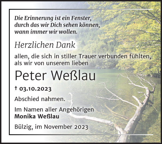 Traueranzeige von Peter Weßlau von Trauerkombi Wittenberg