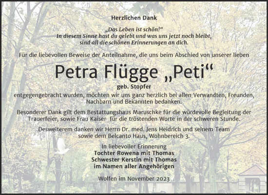 Traueranzeige von Petra Flügge von Trauerkombi Bitterfeld
