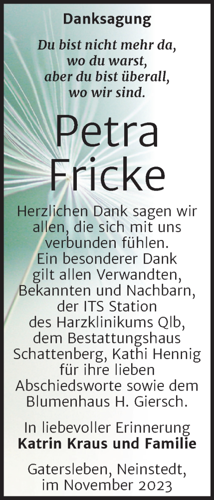 Traueranzeige von Petra Fricke von Trauerkombi Aschersleben