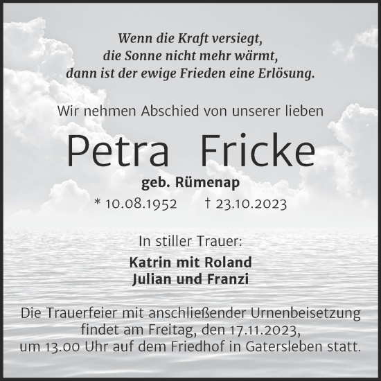 Traueranzeige von Petra Fricke von Trauerkombi Aschersleben