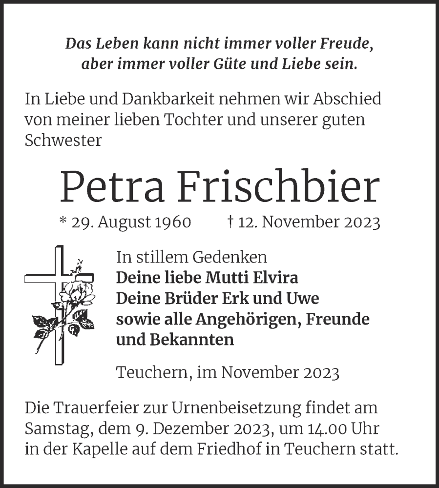  Traueranzeige für Petra Frischbier vom 25.11.2023 aus Trauerkombi Weißenfels