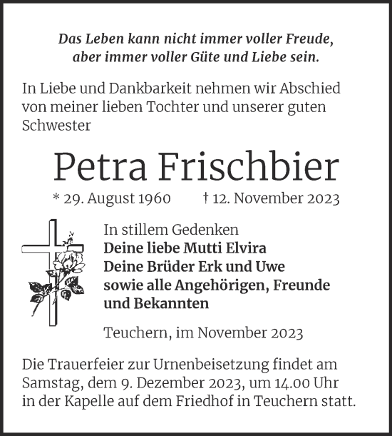 Traueranzeige von Petra Frischbier von Trauerkombi Weißenfels
