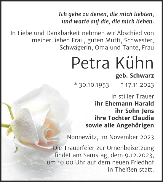 Traueranzeige von Petra Kühn von Trauerkombi Zeitz