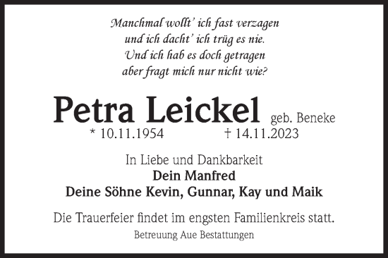 Traueranzeige von Petra Leickel von Volksstimme Magdeburg