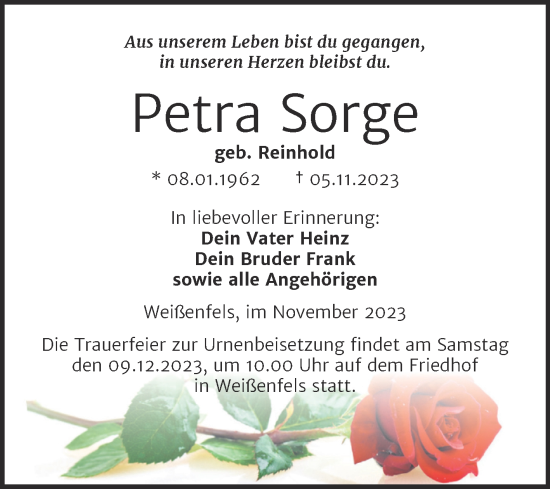 Traueranzeige von Petra Sorge von Trauerkombi Weißenfels