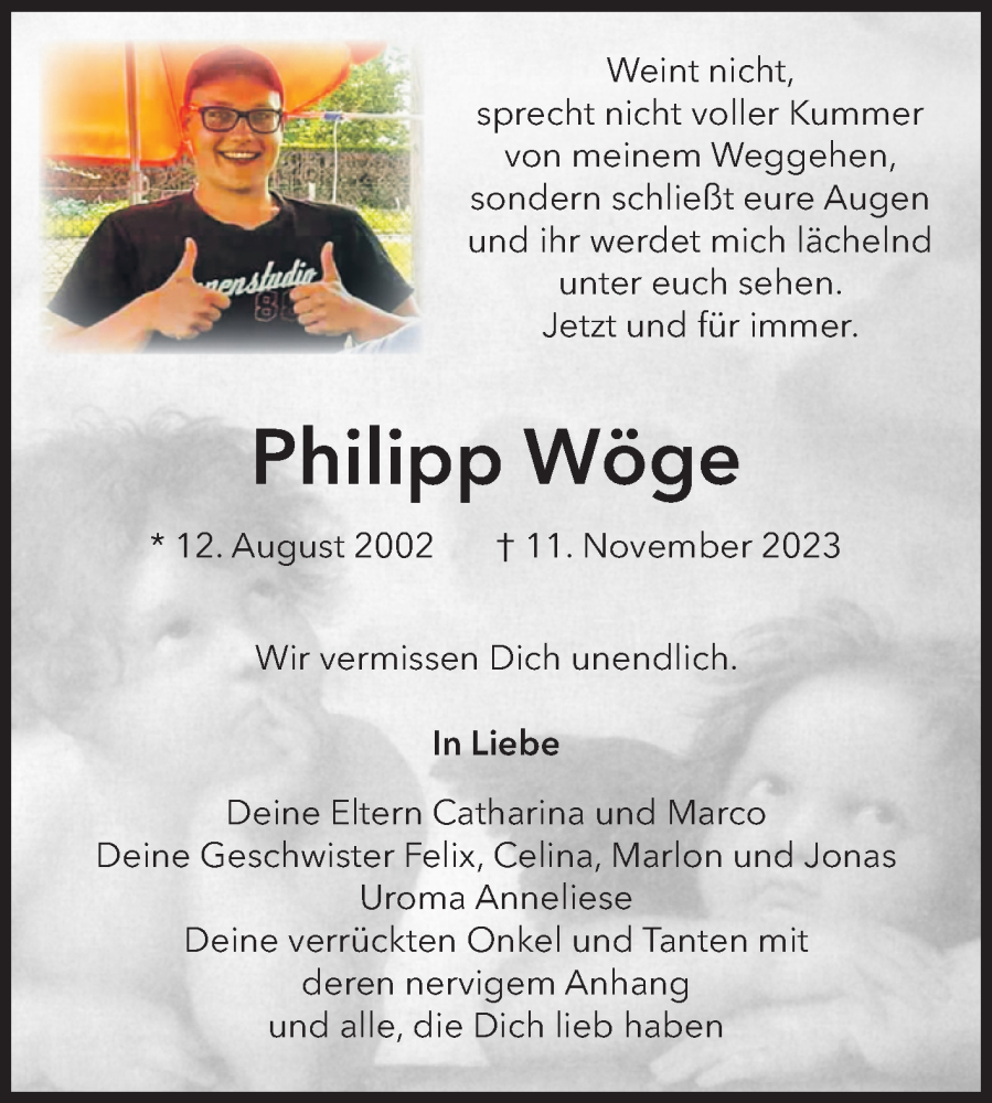  Traueranzeige für Philipp Wöge vom 25.11.2023 aus Volksstimme Burg/Genthin