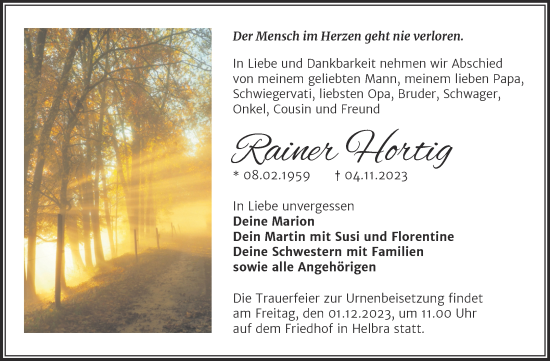 Traueranzeige von Rainer Hortig von Trauerkombi Mansfelder Land