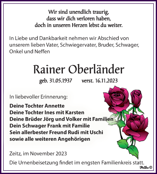 Traueranzeige von Rainer Oberländer von Trauerkombi Zeitz