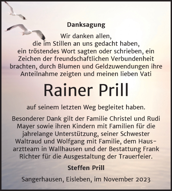 Traueranzeige von Rainer Prill von Trauerkombi Mansfelder Land