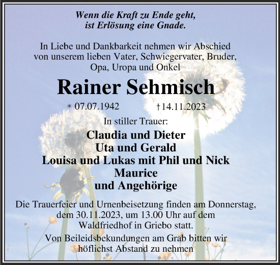 Traueranzeige von Rainer Sehmisch von Trauerkombi Wittenberg