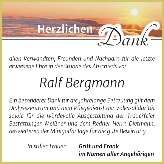 Traueranzeige von Ralf Bergmann von Trauerkombi Sangerhausen