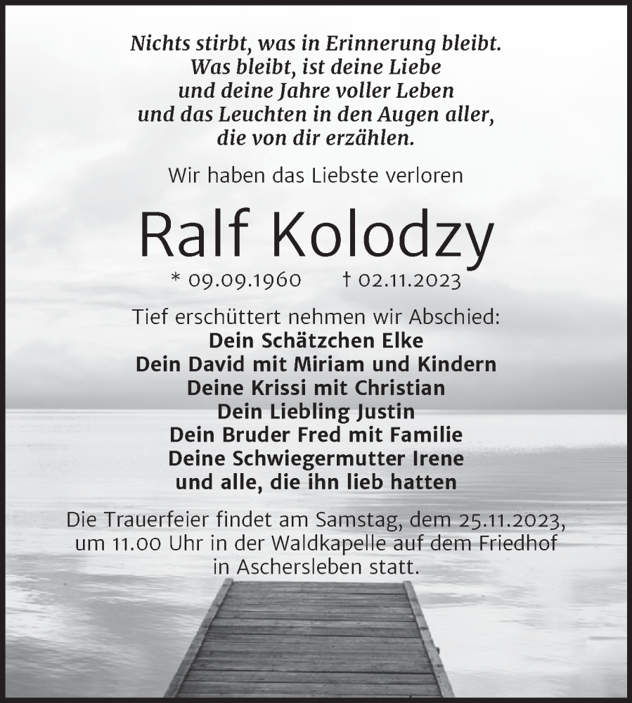  Traueranzeige für Ralf Kolodzy vom 11.11.2023 aus Trauerkombi Aschersleben