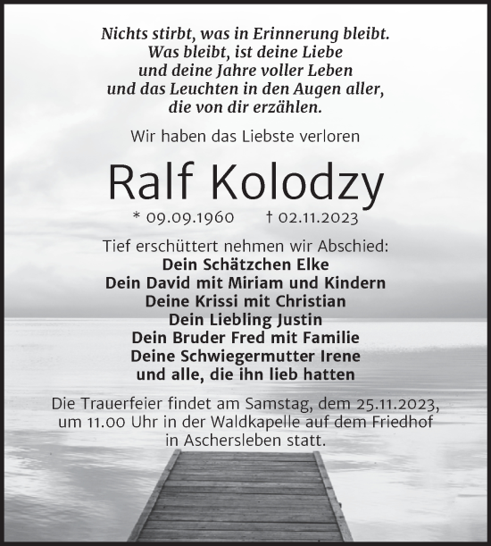 Traueranzeige von Ralf Kolodzy von Trauerkombi Aschersleben