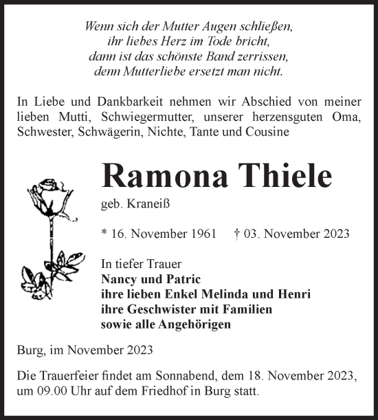 Traueranzeige von Ramona Thiele von Volksstimme Burg/Genthin