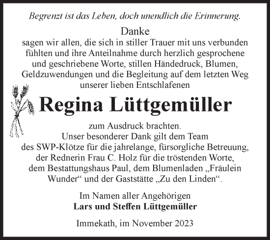 Traueranzeige von Regina Lüttgemüller von Volksstimme Altmark West