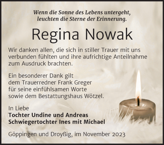 Traueranzeige von Regina Nowak von Trauerkombi Zeitz