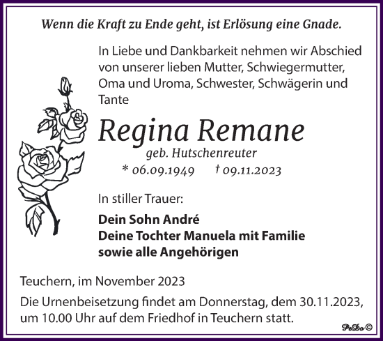 Traueranzeige von Regina Remane von Trauerkombi Weißenfels