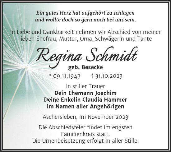 Traueranzeige von Regina Schmidt von Trauerkombi Aschersleben