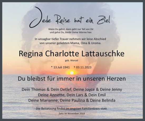 Traueranzeige von Regina Charlotte Lattauschke von Trauerkombi Zeitz