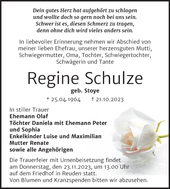 Traueranzeige von Regine Schulze von Trauerkombi Bitterfeld