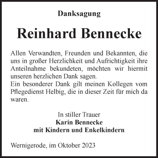 Traueranzeige von Reinhard Bennecke von Volksstimme Wernigerode