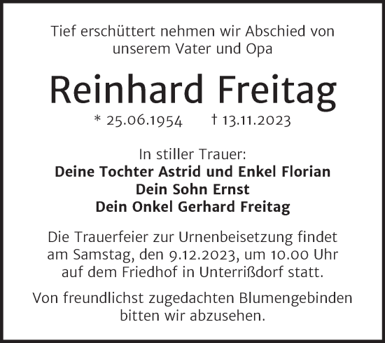 Traueranzeigen von Reinhard Freitag | www.abschied-nehmen.de