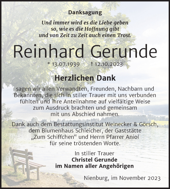 Traueranzeige von Reinhard Gerunde von Trauerkombi Bernburg