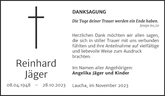 Traueranzeige von Reinhard Jäger von Naumburger Tageblatt